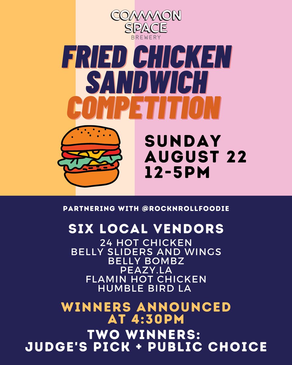 This Sunday is the Annual Fried Chicken Sandwich Competition! 
Sunday, August 22 12-5pm. Come hungry and ready to vote!