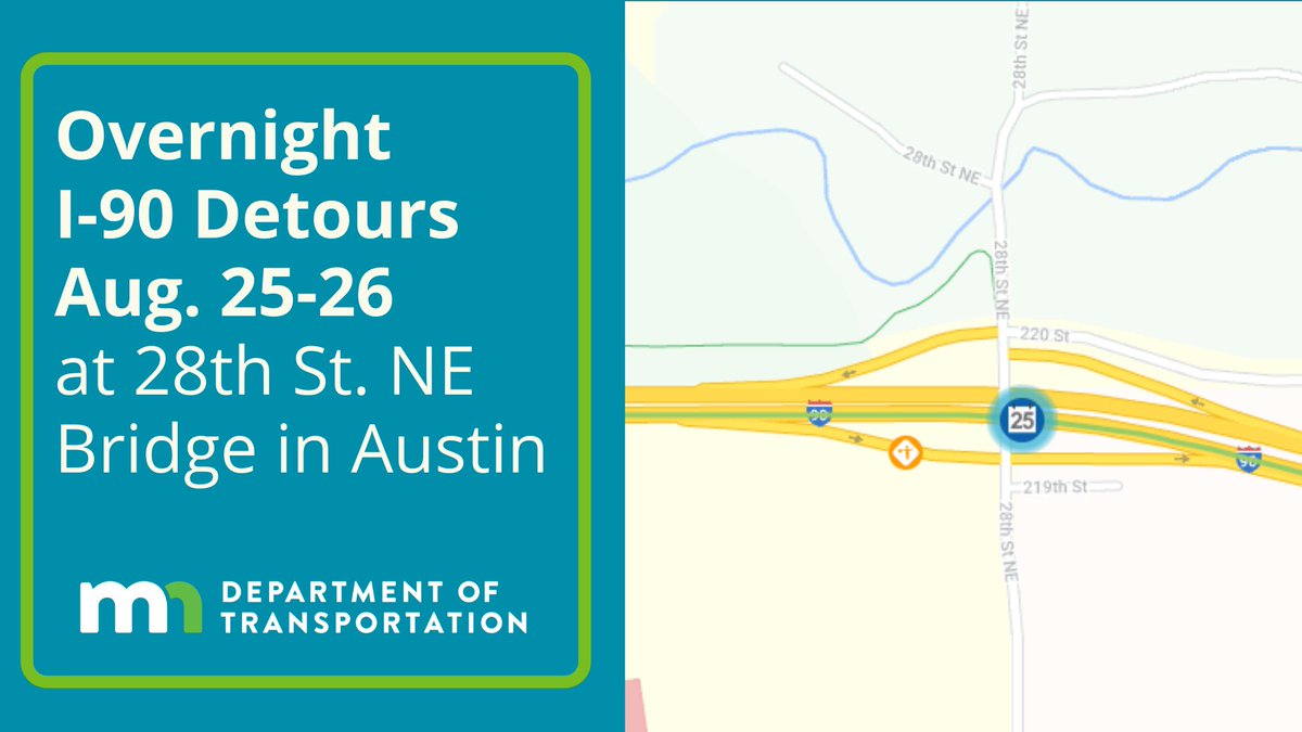 mndotsoutheast's tweet photo. I-90 motorists in Austin will be detoured up and down the exit- and on-ramps at 28th St. NE from 7 p.m. to 6 a.m., Aug. 25 and 26 while crews place the new bridge beams over the highway. More details and email/text message signup: https://t.co/6VOYy6Ntxy #mowercounty https://t.co/dULBK0ghj4