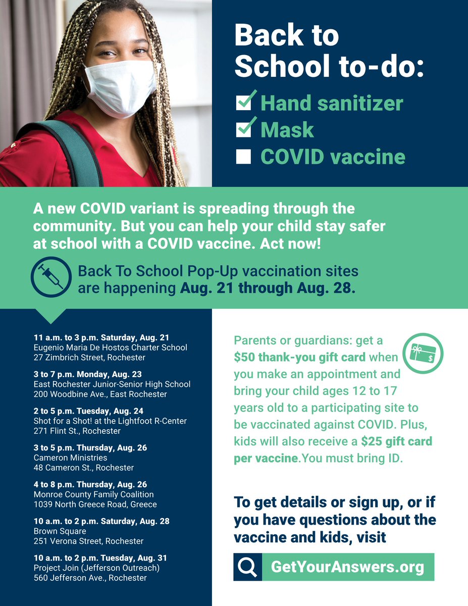 CommonGroundH's tweet photo. Through 8/28, parents/guardians who bring their children ages 12-17 to get vaccinated against COVID at participating vaccination sites in Monroe County may qualify for a thank you gift card. Bring ID and sign up for an appointment in advance. https://t.co/eYjO76bYLL