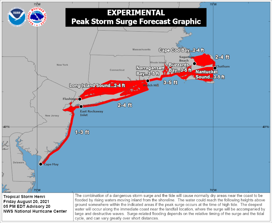 NWSBoston's tweet photo. [5 pm] Westward trend continues, with latest #Henri track making landfall on eastern LI ~ 2pm Sun. Forecast challenges - does westward trend continue &amp; strength of #hurricane before weakening as it approaches landfall? Storm surge, damaging winds &amp; flooding rain #MAwx #RIwx #CTwx https://t.co/IE1ixRysFi