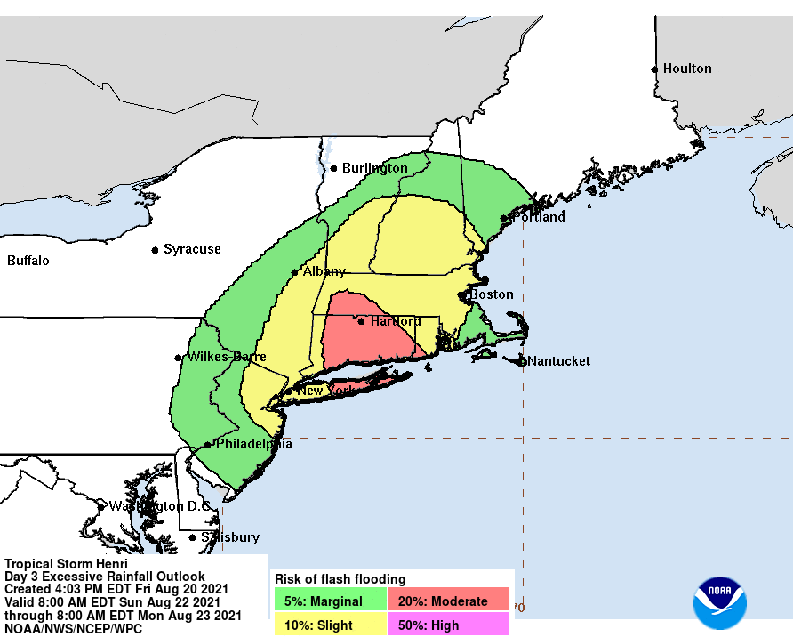 NWSBoston's tweet photo. [5 pm] Westward trend continues, with latest #Henri track making landfall on eastern LI ~ 2pm Sun. Forecast challenges - does westward trend continue &amp; strength of #hurricane before weakening as it approaches landfall? Storm surge, damaging winds &amp; flooding rain #MAwx #RIwx #CTwx https://t.co/IE1ixRysFi