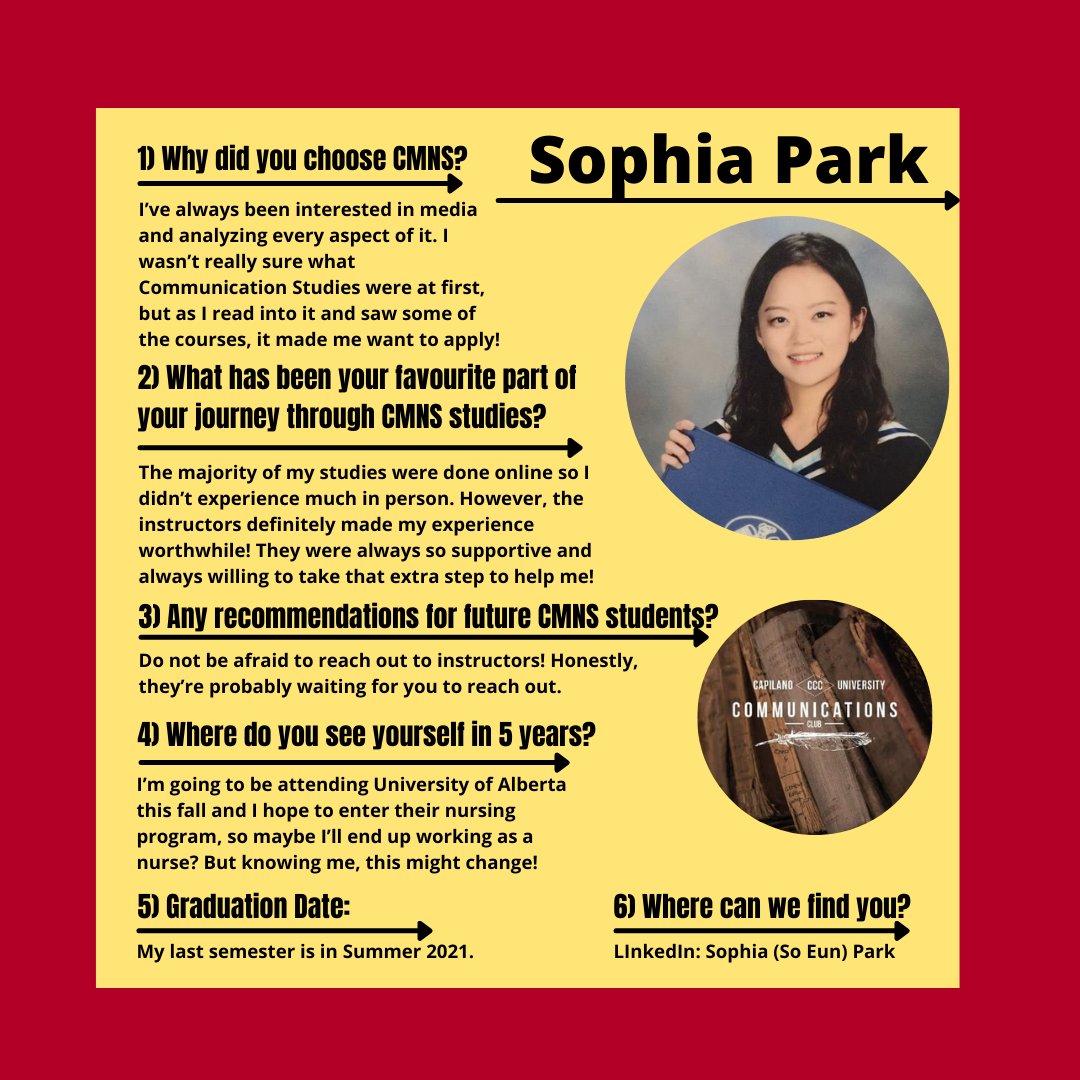 Today's CCC profile features the wonderful Sophia! We wish you the best in your future endeavors and thank you for being a part of this project! #CCC #CapU #CMNS #Communications #NorthVan