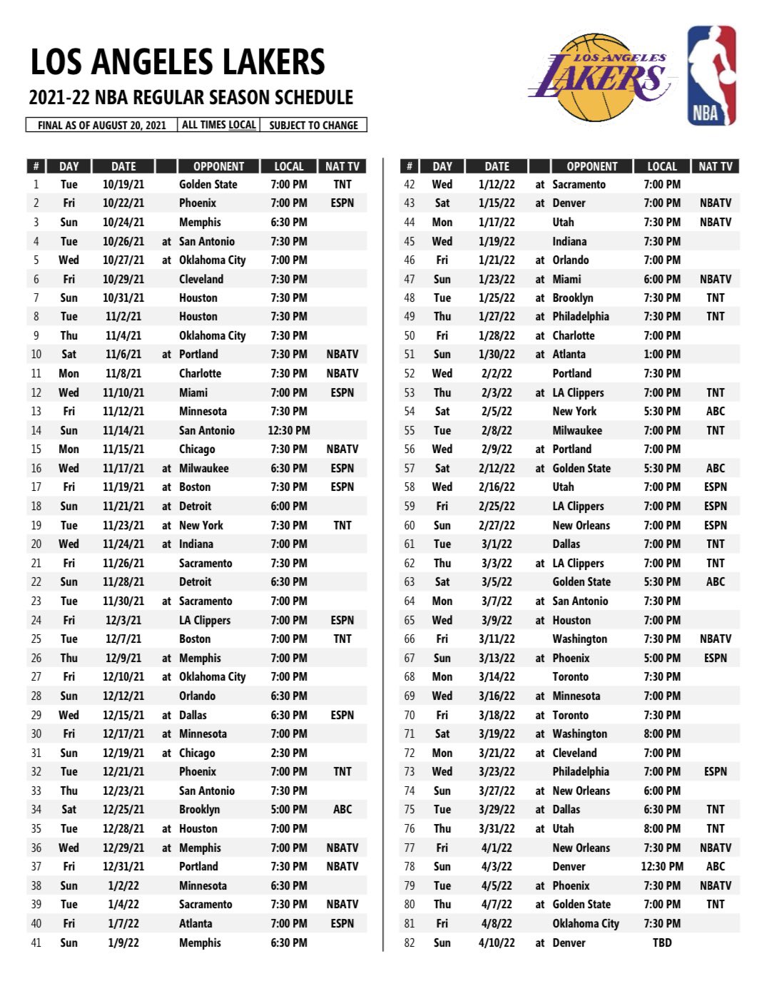 Dave McMenamin on Twitter "The Los Angeles Lakers schedule for the 202122 season has