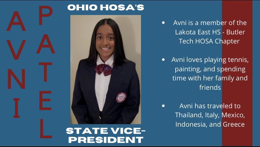 HosaOhio's tweet photo. Over the next few days, we'll be introducing the 2021-2022 Ohio HOSA Executive Council! First, we would like to introduce one of the State Vice Presidents, Avni Patel! https://t.co/vSIgZAZwaZ