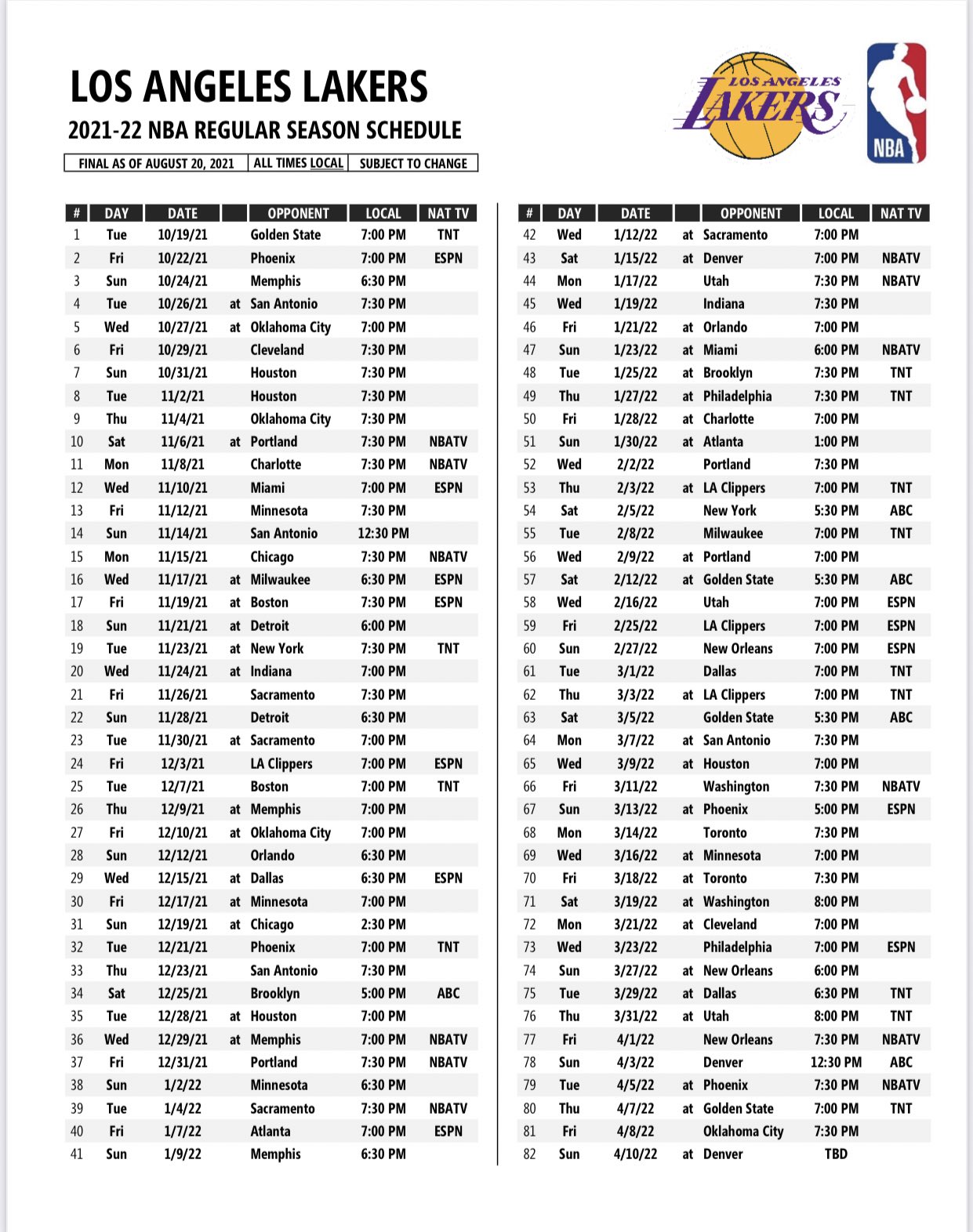 Lakers Schedule 2022 21 Arash Markazi On Twitter: "The 2021-22 Lakers Schedule  Https://T.co/9Aiskdqytc" / Twitter