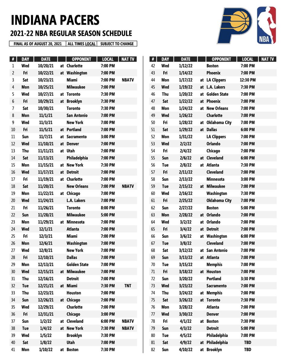 Pacers Schedule 2022 تويتر \ Scott Agness على تويتر: "Here's The Pacers' Full 2021-22 Schedule. Starts Oct. 20 One National Tv Game (12/21 At Miami On Tnt) Concludes Apr. 10 Https://T.co/V4Ycoussmf"