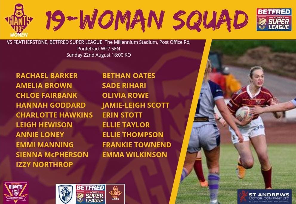 GiantsWRL's tweet photo. 𝗧𝗵𝗲 𝘀𝗾𝘂𝗮𝗱 🏉

Ready to take on @FevRoversLadies in Women’s Super League action on Sunday 22nd August

#COYG #SWTG | @Giantsrl https://t.co/aObzZc3Mhw