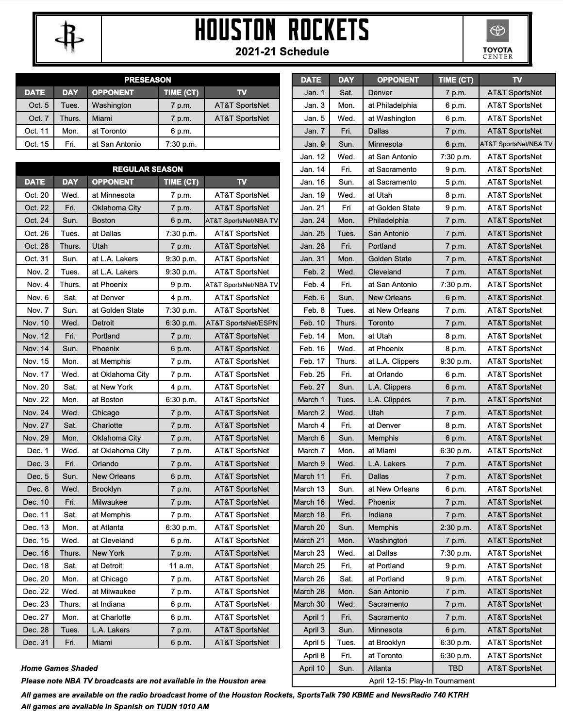 Houston Rockets 2022 Schedule Alykhan Bijani On Twitter: "The @Houstonrockets 2021-2022 Regular Season  Schedule - 4 National Tv Games (3 Nba Tv, 1 Espn, 0 Tnt) - At Minnesota On  October 20Th - Home Opener Vs.