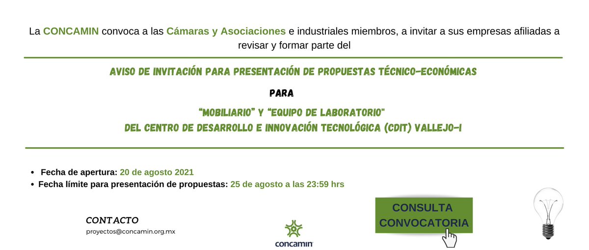 CONCAMIN's tweet photo. 🔹 La #CONCAMIN convoca a las Cámaras y Asociaciones e industriales miembros a mandar sus propuestas para el proyecto de "Mobiliario y equipo de Laboratorio del #CDIT #Vallejo"

🗓️Fecha límite: 25 de agosto 

🔗Más información: https://t.co/9D91cbBSQQ https://t.co/GsaBsfyBfb