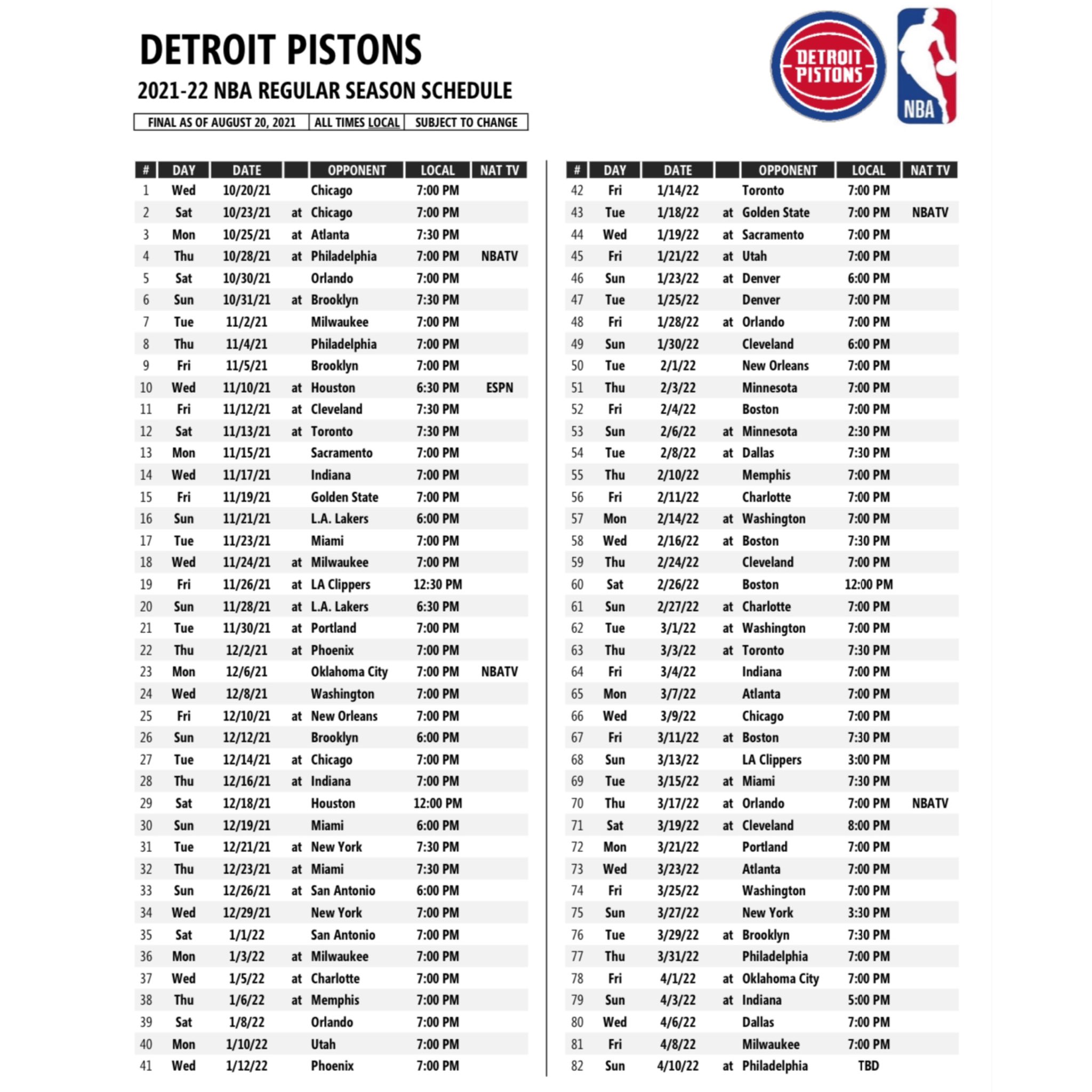 Detroit piston schedule deals