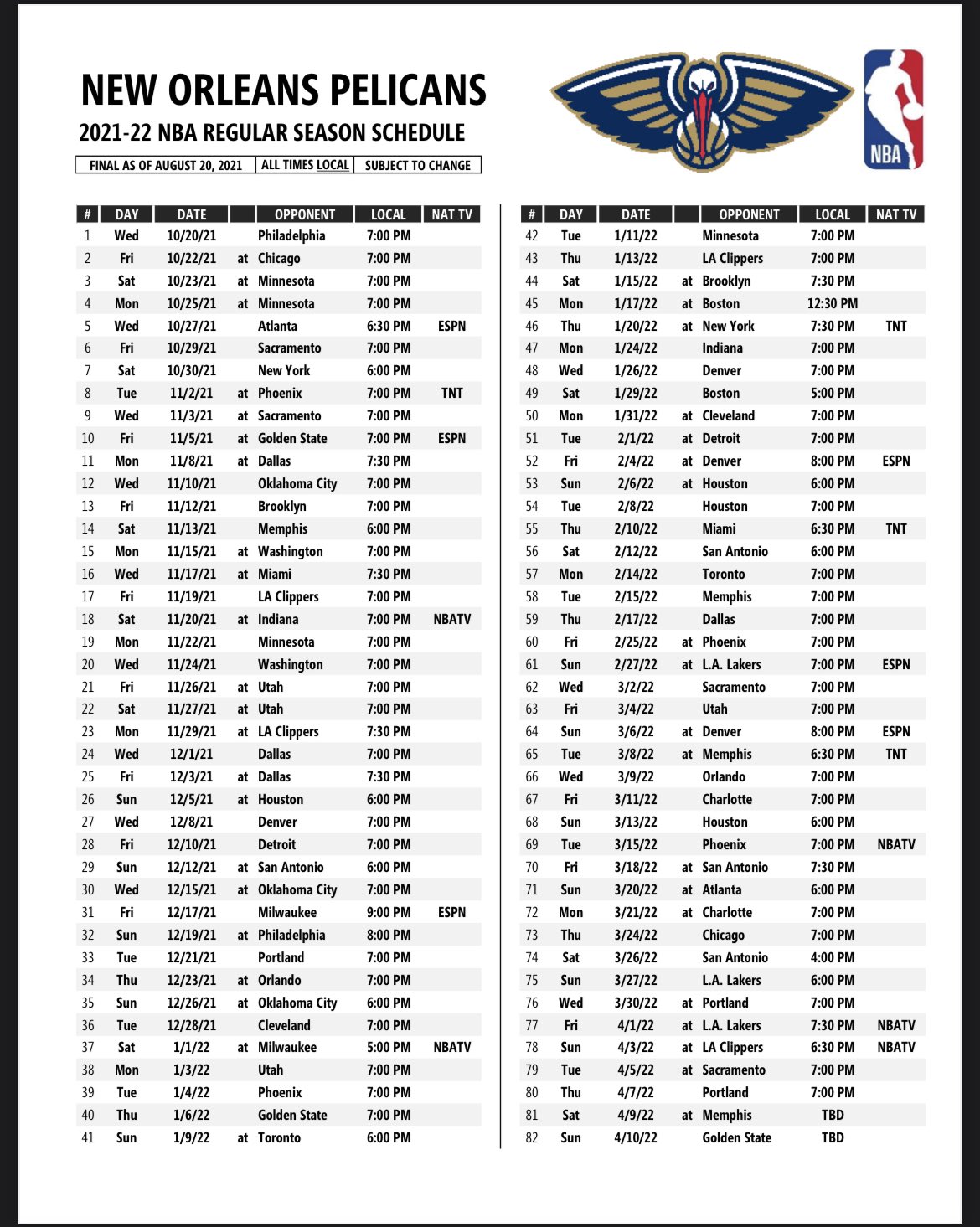 Pelicans Schedule 2024 carte identite