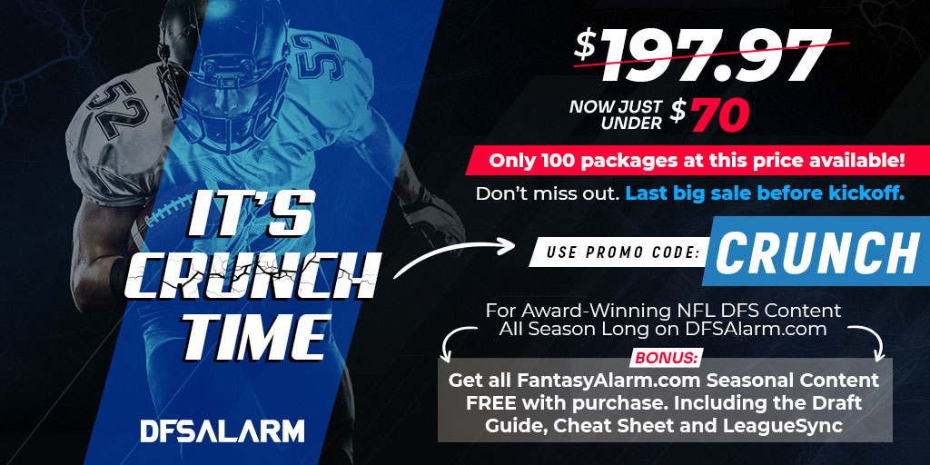 It's Crunch Time 🏈

Buy the NFL DFS Playbook today and get it for just under $70!

Bonus: We will even include all seasonal products on <a href="/FantasyAlarm/">Fantasy Alarm</a> too - Draft Guide &amp; Cheat Sheet included!

Hurry, only 100 packages will be sold at this price!

➡️ dfsalarm.com/crunch