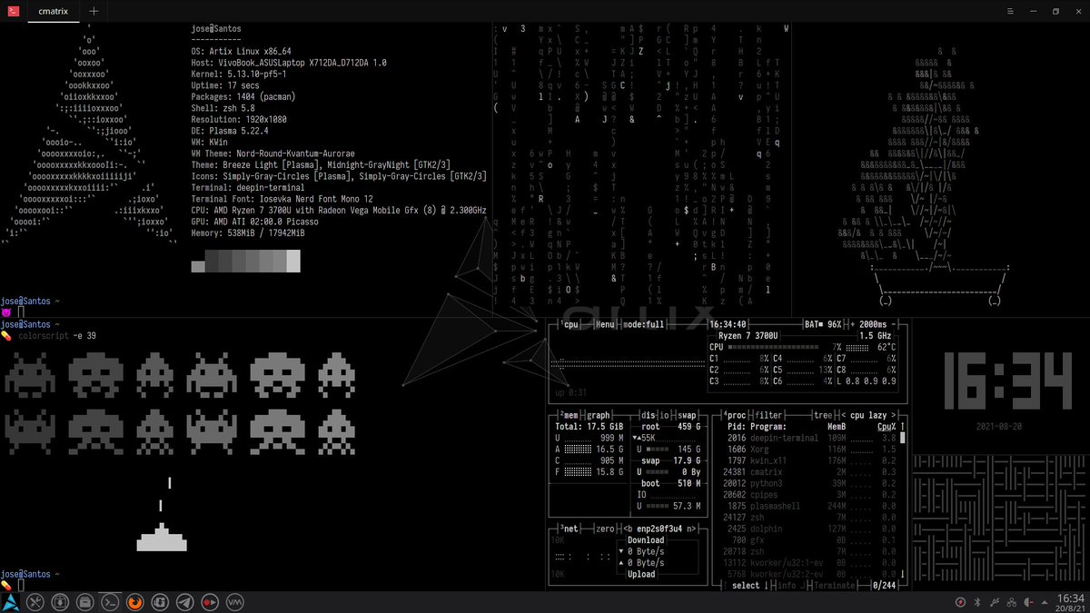 OsAgarim's tweet image. Después de bastante tiempo he cambiado mi escritorio. En este caso @ArtixLinux  con @kde. El de @VoidLinux  también con @kde hace meses que ni lo toco.
#ViernesDeEscritorio #ShowYourDesktopFriday
#ShowYourLinuxDesktop #ShowYourLinuxDesktopFriday