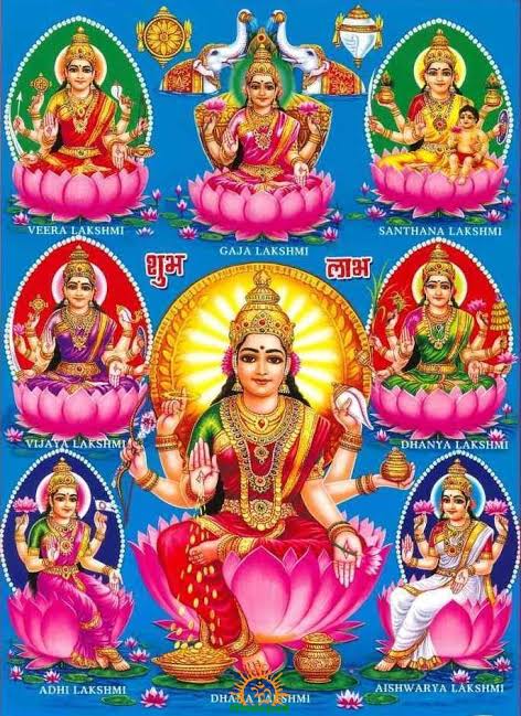 Ashtalakshmi 

The eight forms of Lakshmi are:
Adi Lakshmi (The primal mother goddess)
Dhanalakshmi...