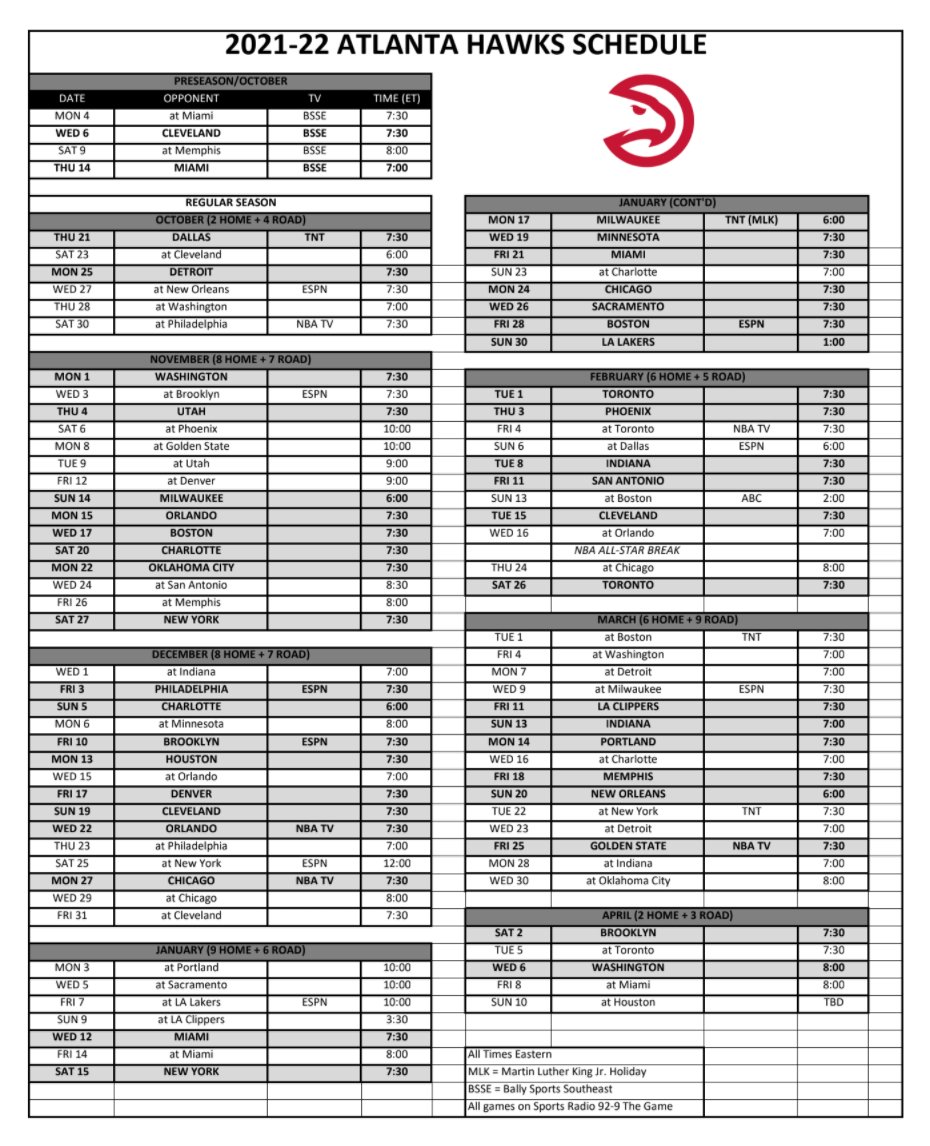 Hawks 2022 Schedule 2021-22 Hawks National Tv Schedule - Realgm