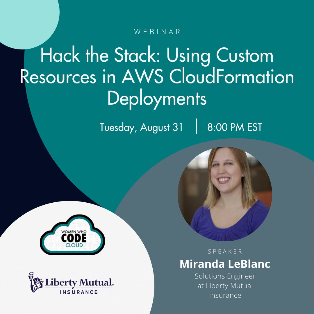 Liberty Mutual Jobs (@workatliberty) on Twitter photo We’re a proud sponsor of <a href="/WomenWhoCode/">Women Who Code</a> ‘s“Hack the Stack: Using Custom Resources in AWS CloudFormation Deployments.” webinar featuring Miranda LeBlanc, Solutions Engineer at Liberty Mutual. Tune in on 8/31 at 8pm EST. Register here: spr.ly/6019yq0Pb #WomenInTech We’re a proud sponsor of <a href="/WomenWhoCode/">Women Who Code</a> ‘s“Hack the Stack: Using Custom Resources in AWS CloudFormation Deployments.” webinar featuring Miranda LeBlanc, Solutions Engineer at Liberty Mutual. Tune in on 8/31 at 8pm EST. Register here: spr.ly/6019yq0Pb #WomenInTech