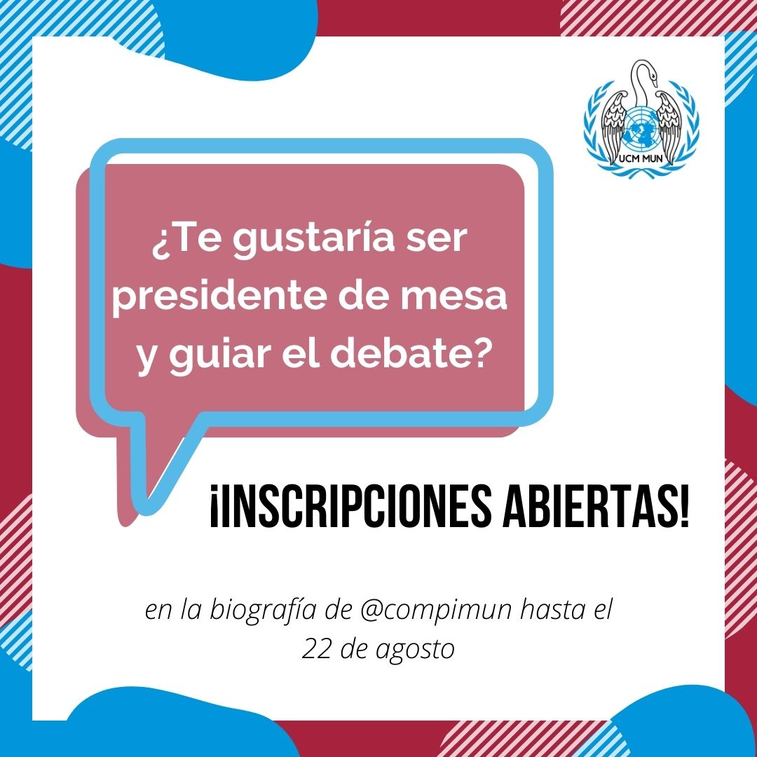 UCMMUN's tweet photo. De momento están abiertas las inscripciones para chair, otra manera de vivir el debate, guiando al resto de compañeros.
Quedan 2 días para presentarse, ¡es el momento!
Info en la biografía de Instagram de @compimun 
https://t.co/HHwDK94zQP https://t.co/MERgxJGGlc