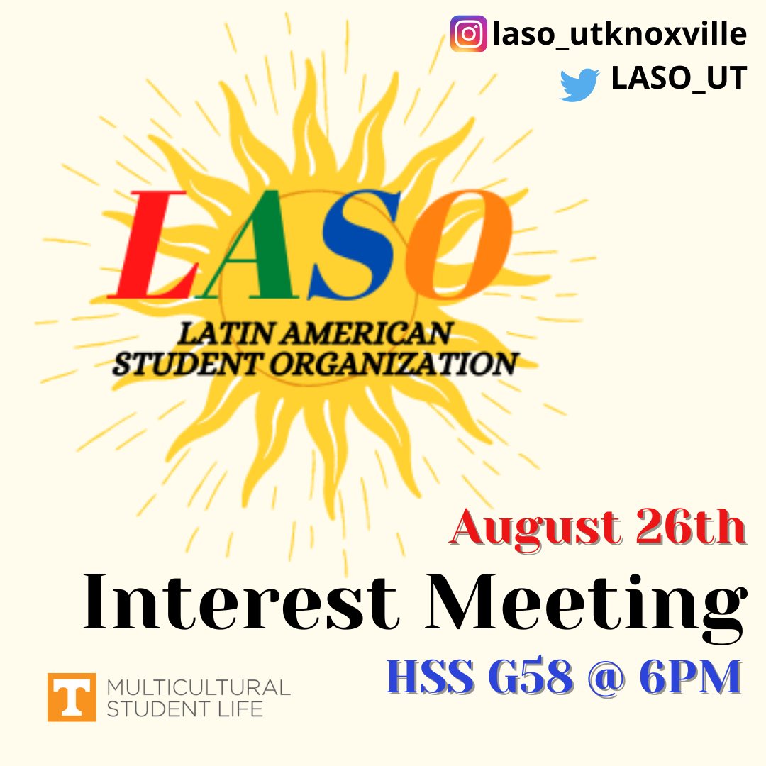 Hola todos!’ We’re excited to announce our first meeting of the fall semester next Thursday, August 26th! Come ready to meet the members &amp; ask any questions about LASO 🧡💃🏻