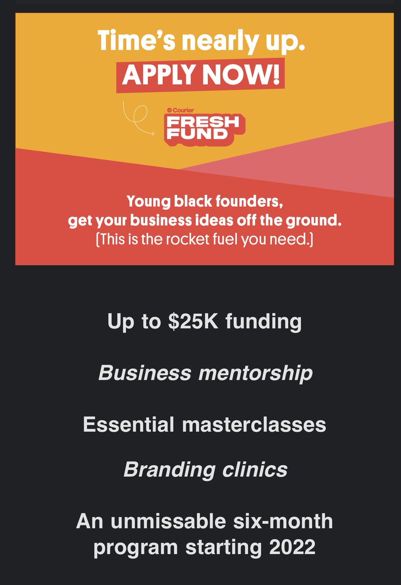 🚨Friday business and entrepreneur resource:

If you are 35 years old or younger and live in the USA or UK, apply to <a href="/couriermedia/">Courier</a>’s Fresh Fund for young Black founders by September 1.
couriermedia.com/freshfund/abou…

#blackwomen #blackgirls #BlackOwnedBusiness #blackwomenowned #BGSB