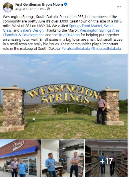 CEO_Olson's tweet photo. SD First Gentleman Bryon Noem is celebrating hidden gems of South Dakota -- no surprise he's making stops in #publicpower communities! Awesome to see our customers #GrotonSD, #WessingtonSpringsSD and #ArlingtonSD get their turn in the spotlight. https://t.co/5yrtrTlQs3