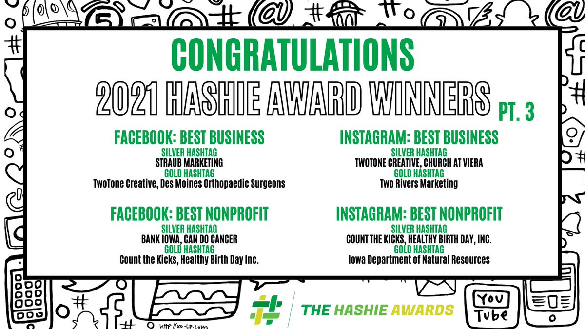 SocialMediaDSM's tweet photo. Congratulations to our 2021 Hashie Award winners! 🤩 #Hashies2021 https://t.co/WNwIYDK3LE