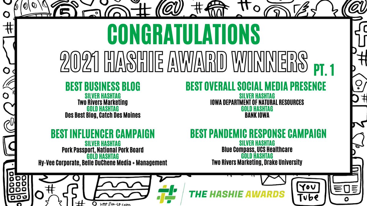 SocialMediaDSM's tweet photo. Congratulations to our 2021 Hashie Award winners! 🤩 #Hashies2021 https://t.co/WNwIYDK3LE