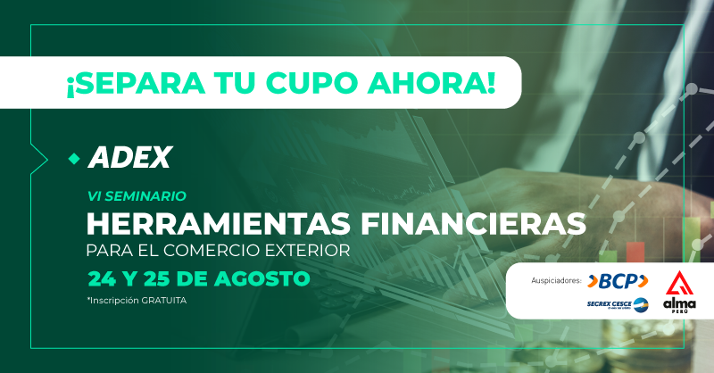 ADEX_PERU's tweet photo. #PerúNoSeDetiene No te pierdas nuestro 'VI Seminario Herramientas Financieras para el Comercio Exterior' gracias a ADEX y el auspicio del @BCPComunica, #SECREX y #AlmaPerú. Inscríbete #gratis aquí: https://t.co/e28Dz9l6cx. Consulta nuestro programa: https://t.co/QURFw6x5lE. https://t.co/Nb8jdtJxKk