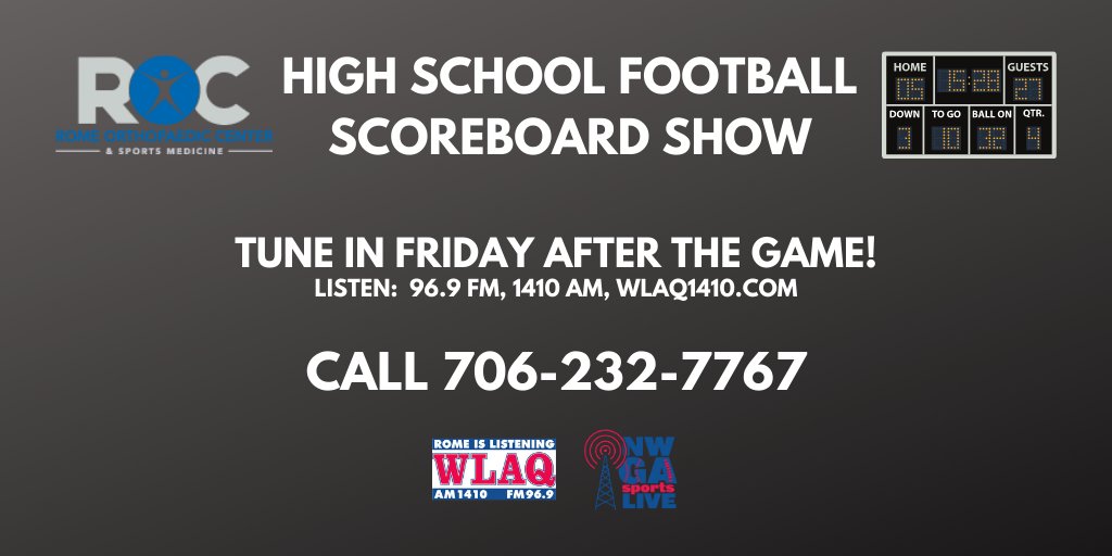 🚨The Rome Orthopaedic Center Scoreboard Show returns tonight after the Braves game!🚨  
📻 96.9 FM, 1410 AM, wlaq1410.com 
📺Facebook LIVE.
