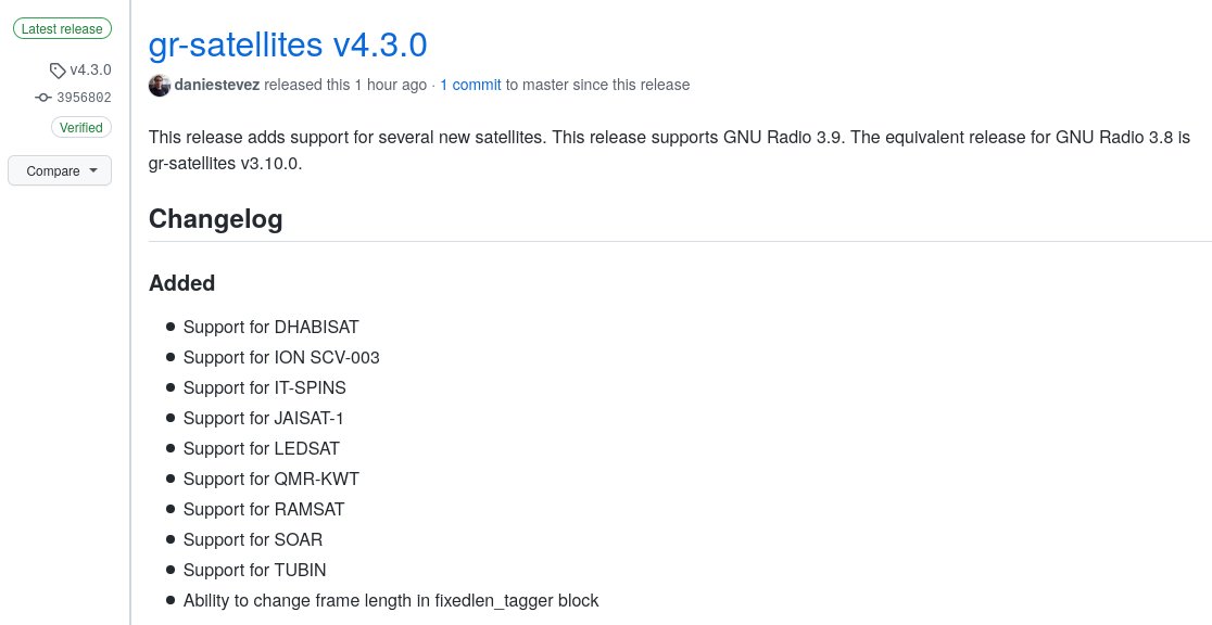 The release changelog for gr-satellites, showing that support was added for the following satellites: DHABISAT, ION SCV-003, IT-SPINS, JAISAT-1, LEDSAT, QMR-KWT, RAMSAT, SOAR, and TUBIN.