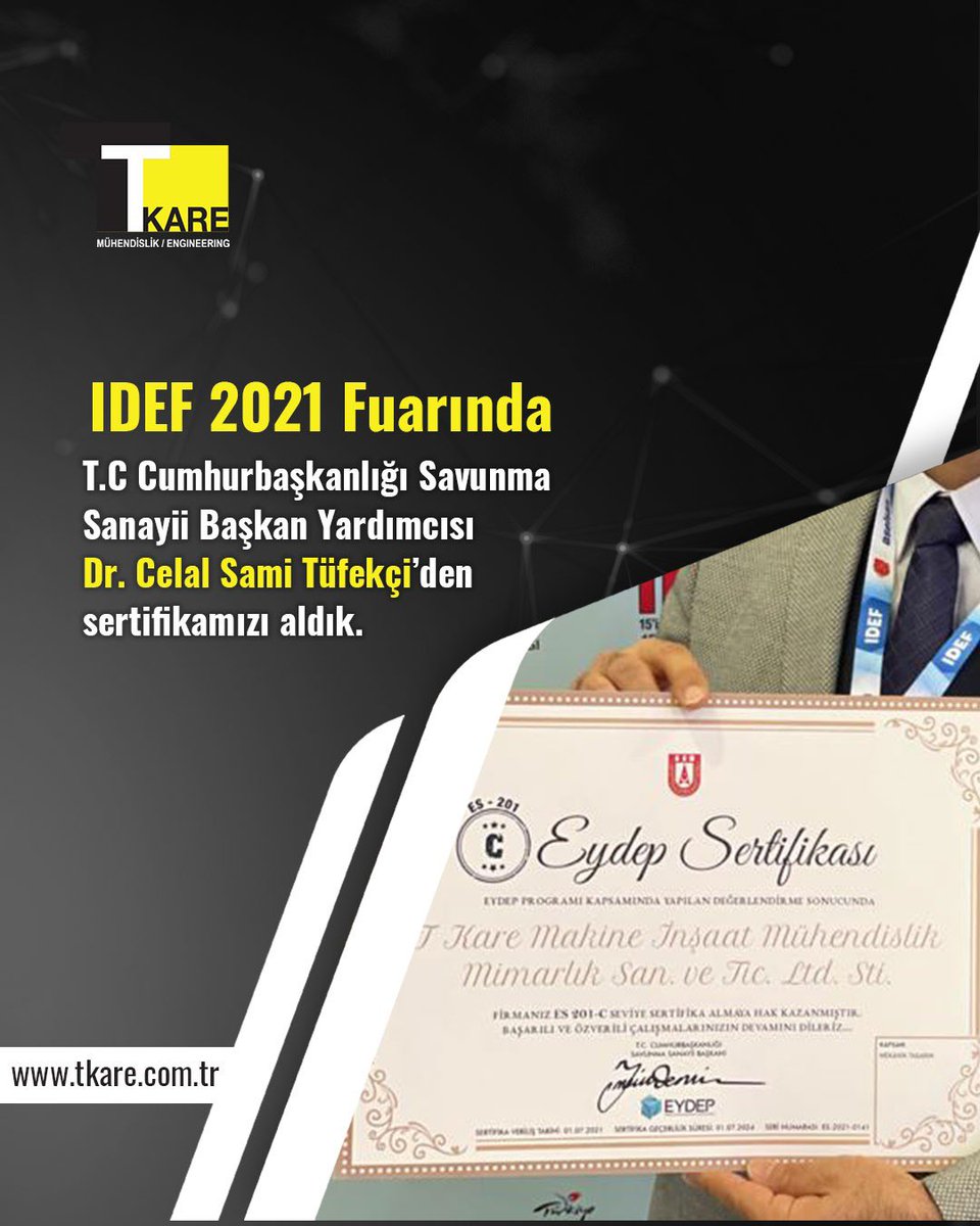 MurathanToktas's tweet photo. 19 Ağustos 2021 IDEF 2021 fuarıda T.C. Cumhurbaşkanlığı Savunma Sanayii Başkan Yardımcısı Dr. Celal Sami Tüfekçi’den "EYDEP" sertifikamızı aldık. #eydep #idef2021 https://t.co/Eck6EIu6bx