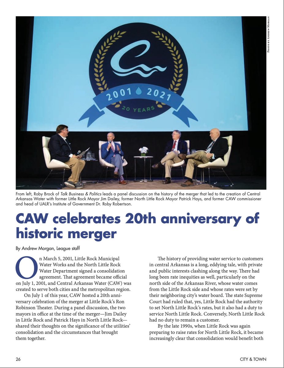 IN THE ISSUE: CAW at 20 

In 2001, Little Rock Municipal Water Works and the North Little Rock Water Department merged to form Central Arkansas Water, the state’s largest municipal water system. 

Read more on page 26! Get the digital issue here: arml.org/services/publi…