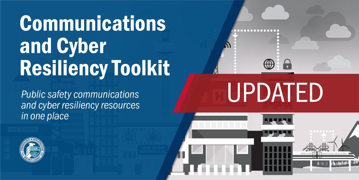 CISAgov's tweet photo. We updated our Public Safety Communications and Cyber Resiliency Toolkit. The new resources and updated look helps to better protect your communications capabilities: https://t.co/LAN6pwAZLG #PublicSafetyComms #CommsResiliency https://t.co/ucfcOLszob
