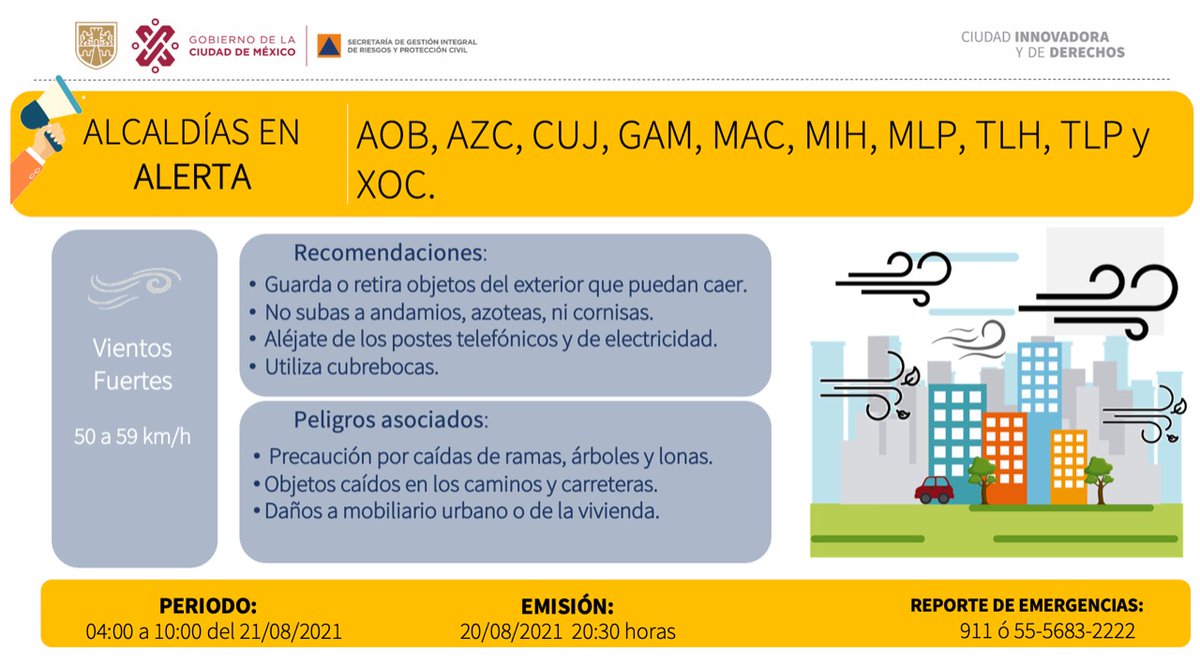 PcAzc's tweet image. Se activa #AlertaAmarilla por pronóstico de viento fuerte para mañana sábado 21 de agosto de las 04:00 a 10:00 horas en #Azcapotzalco