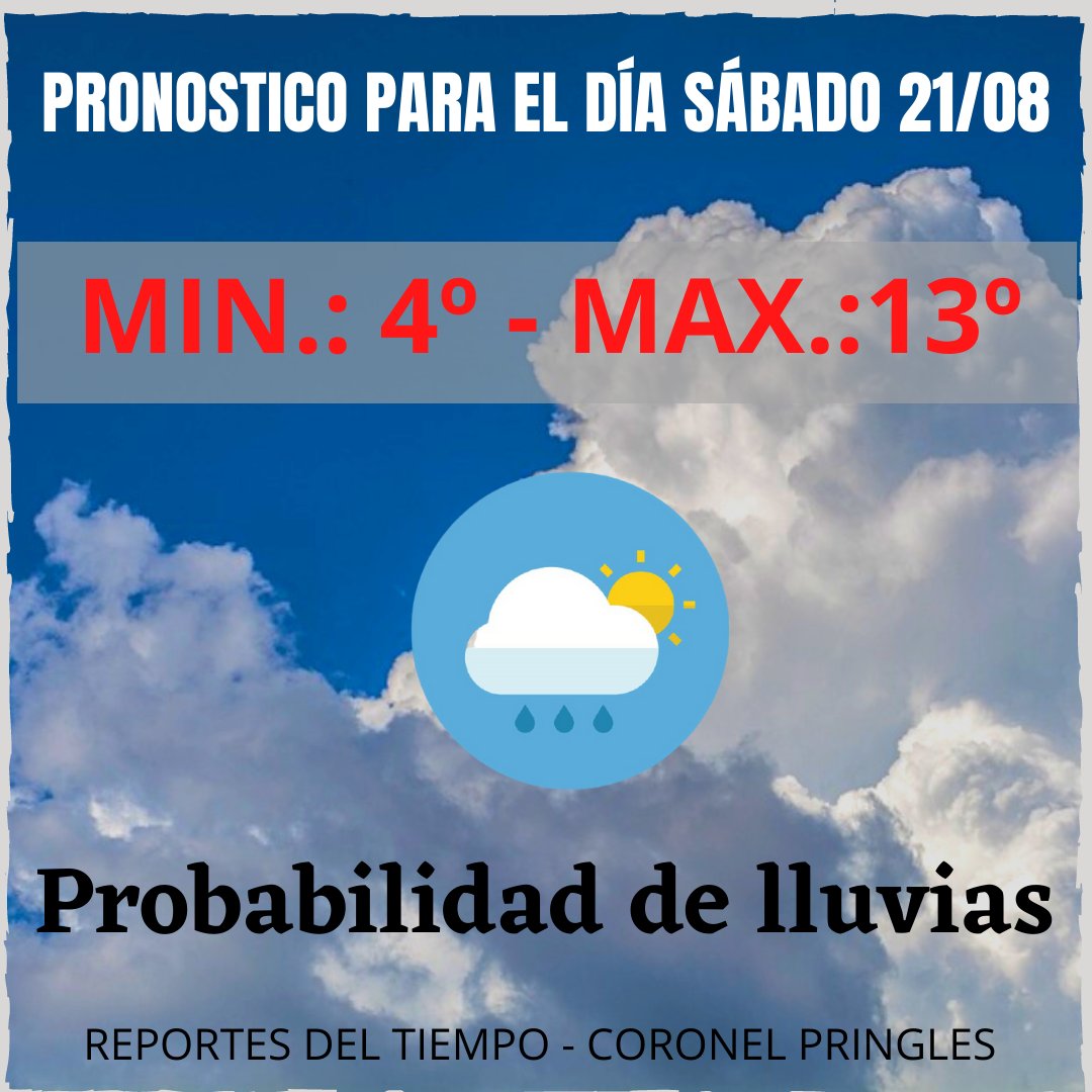 meteopringles's tweet photo. 🌦️ Pronóstico para mañana sábado 21/08 🌦️

Se esperan algunas lluvias durante la mañana luego con mejoramientos temporarios. Por la tarde avanza un aire fresco con probabilidad de algunas tormentas. https://t.co/35PS6vkwX5