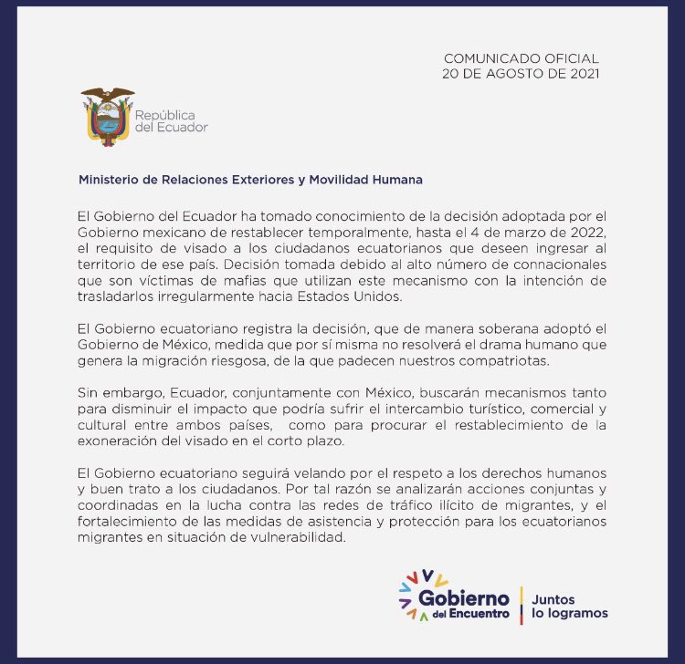 Comunicado del gobierno de Ecuador.