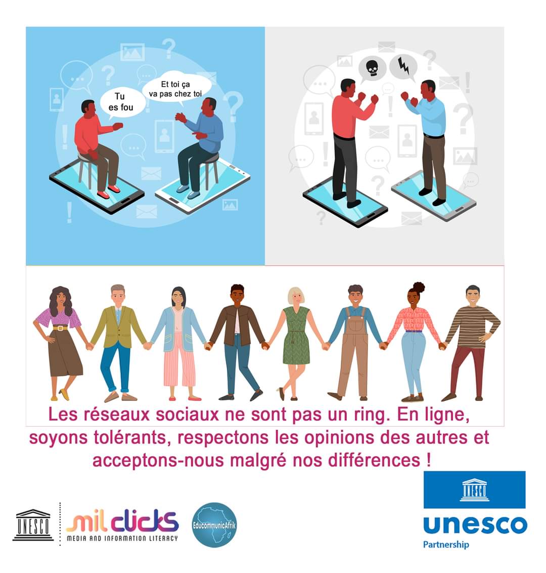 Milclicks_FR's tweet photo. Sur les réseaux sociaux sont véhiculés parfois des messages d’incitation à la haine. Cela fragilise la cohésion sociale. Le présent visuel est un appel à la tolérance sur les réseaux sociaux. 

#MIL4YCE @UNESCO_Dakar @JapanGov @MofaJapan_en @EducommunicA https://t.co/4GQRgnlyJo