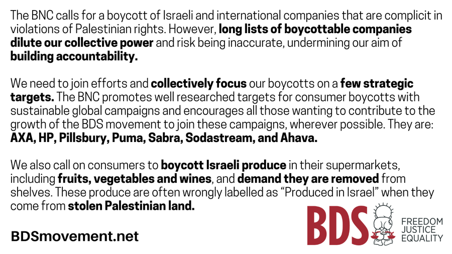 BDSmovement's tweet photo. Thank you to everyone who is boycotting consumer goods from Israeli &amp; international companies complicit in the violation of Palestinian human rights.

By focusing on a small number of companies we can maximize our impact.
Find out what to boycott here: https://t.co/ZklEchAYlh https://t.co/w4nMewbSj7