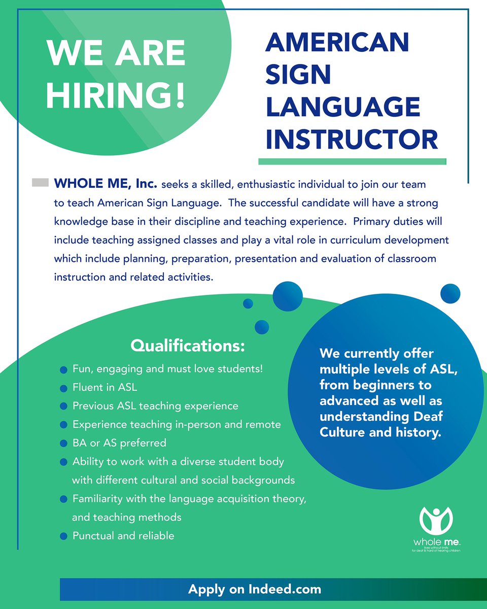 Hello everybody!

Guess what?! WHOLE ME is hiring! We are looking for the American Sign Language Instructor.

Come apply below if you are interested in joining the WHOLE ME team!

Application link: indeed.com/job/american-s…

Looking forward to seeing you!