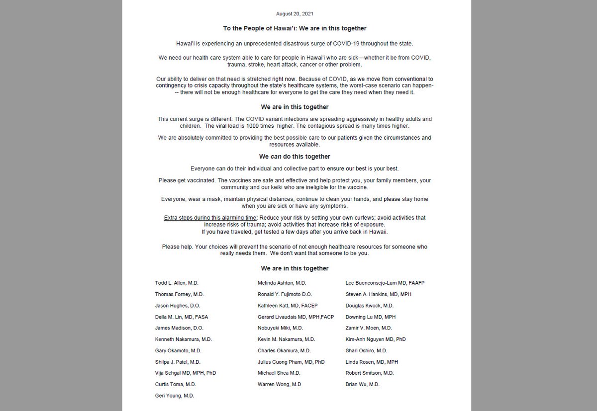 31 physician leaders from across Hawai'i: We are absolutely committed to providing the best possible care to our patients. Help us ensure our best is your best. WE ARE IN THIS TOGETHER! For 2 weeks, 'if in doubt, don't go out!' @HawaiiDOH #Higotvaccinated