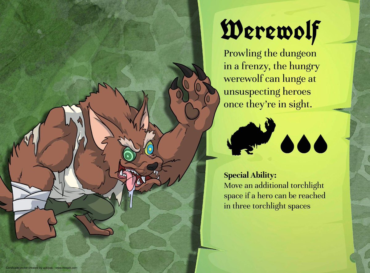 First monster preview: the Mummy and Werewolf! Each monster moves its base speed and can attack, but the Sorcerer may roll a move die for one monster, potentially increasing its movement that turn. Check out FLEE THE DUNGEON! on <a href="/kickstarter/">Kickstarter</a> (September 15) and at <a href="/gencon/">gencon</a> 2021!