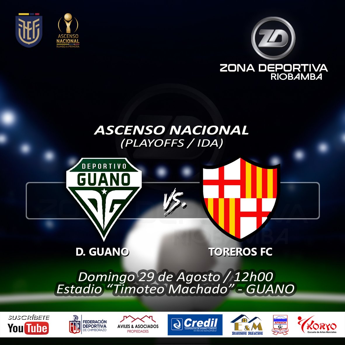roldan_jimmy's tweet photo. #AscensoCHIMBORAZO
¡𝙁𝘼𝙎𝙀 𝘿𝙀 𝙋𝙇𝘼𝙔𝙊𝙁𝙁𝙎!
Partido:
#DGuano vs. @Toreros_FC
Estadio "Timoteo Machado" - GUANO
#Zonales / #PartidoIDA / @Segunda_Ec
¡𝘾𝙃𝙄𝙈𝘽𝙊𝙍𝘼𝙕𝙊 𝙍𝙐𝙈𝘽𝙊 𝘼 𝙋𝙍𝙄𝙈𝙀𝙍𝘼!
Informa: @roldan_jimmy
Somos: Zona Deportiva Riobamba https://t.co/UjNCaJTNOT