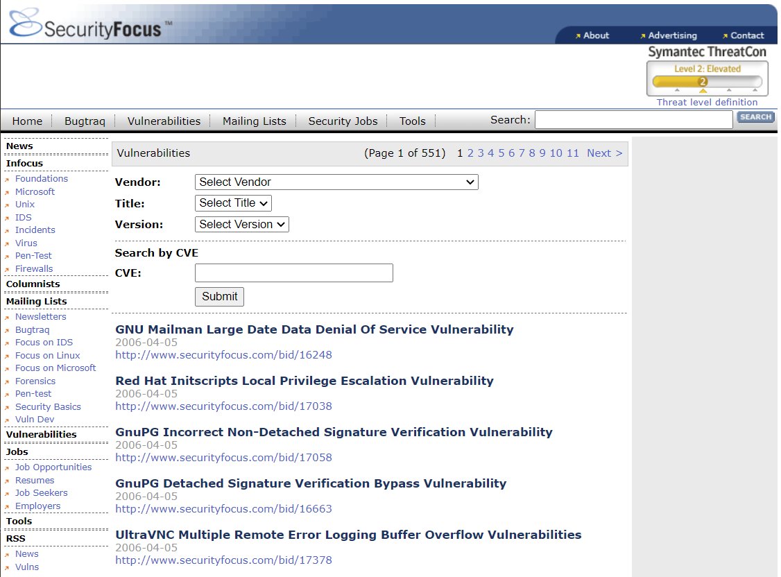 mruef's tweet photo. Did I miss the memo or did the #SecurityFocus vulnerability database just shut down a few days ago? My last successful access was on 2021-08-03 and last snapshot on https://t.co/G0wr8U8aI2 is from 2021-07-25 :( https://t.co/tms32LBMo2