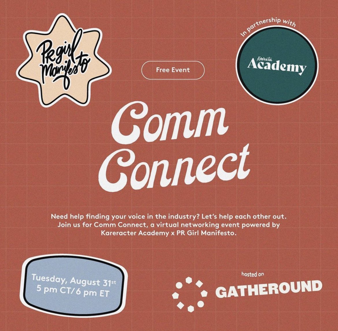 prgirlmanifesto's tweet photo. We're so excited to collaborate with our favs at the Kareracter HQ to bring you #CommConnect: Discovering Your Voice in the Comms Industry! Join us on August 31 📆 for a virtual networking event powered by @prgirlmanifesto and @kareracter.

https://t.co/QTeC3RGvAE https://t.co/74NyTQencB
