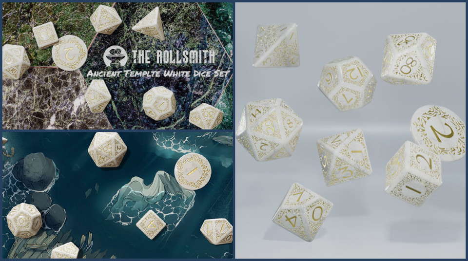 Remain silent as your dice roll down the steps of the sacred temple you are in. Marble against marble, the sound of their tumble echoes in your ears. And then, perhaps the gods will answer your prayer for a critical roll.
therollsmith.com/product/ancien…