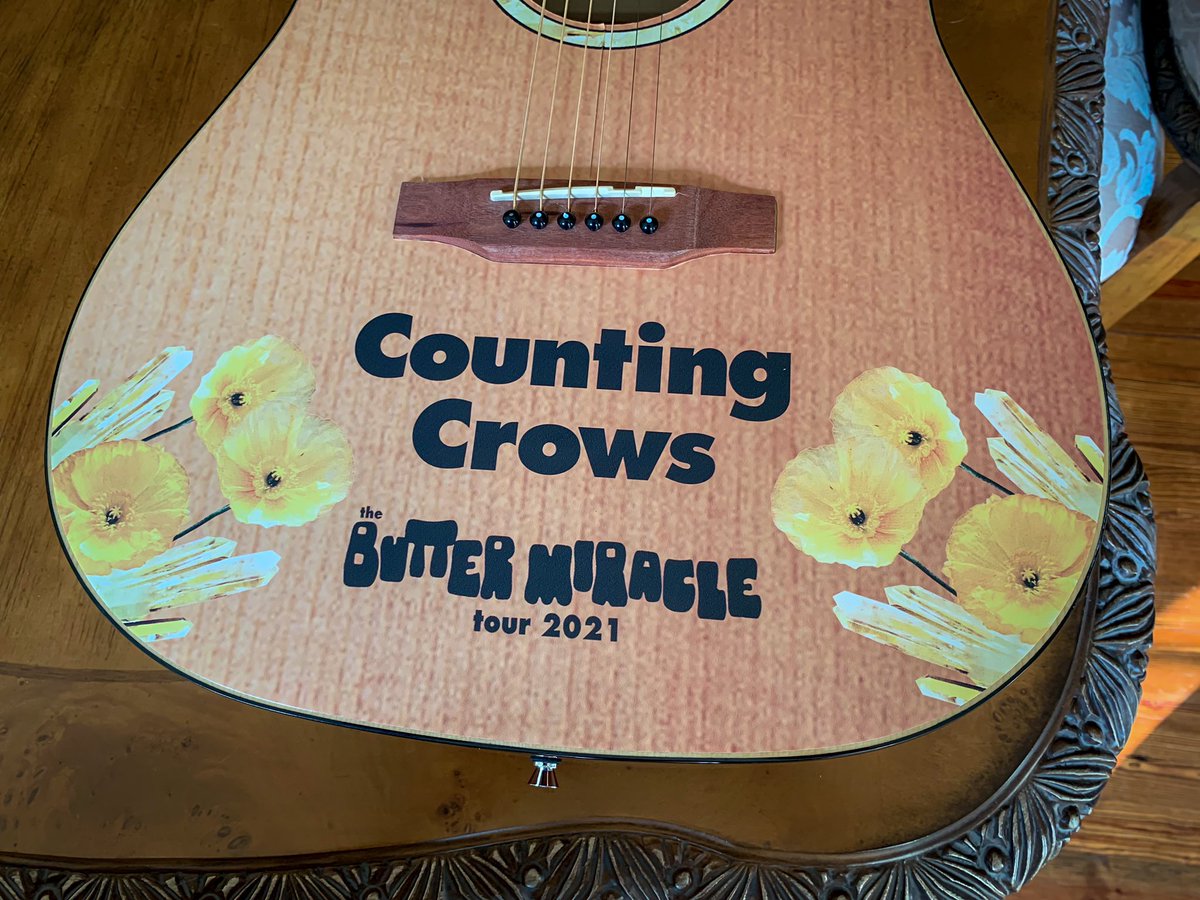 79Aspen's tweet photo. Had a surprise sitting on the porch today. Our @CountingCrows #ButterMiracle VIP guitars showed up. @graphicguitars did an awesome job on these @Epiphone acoustic guitars.  #countingcrows #ElsieApproved 😻 https://t.co/1ohdLgjUep