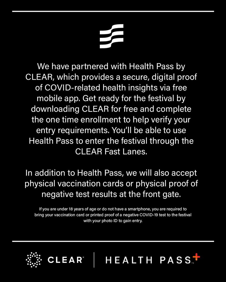 MIAFestival's tweet photo. We are excited to partner with CLEAR’s Health Pass for COVID-related health checks. The free app will be used to perform all mandatory vaccine/testing validations for entry to MIA 2021 via CLEAR Express Lanes. Download the app now to get your Health Pass https://t.co/fWqIbx2XeM https://t.co/6CxGiSqfBg