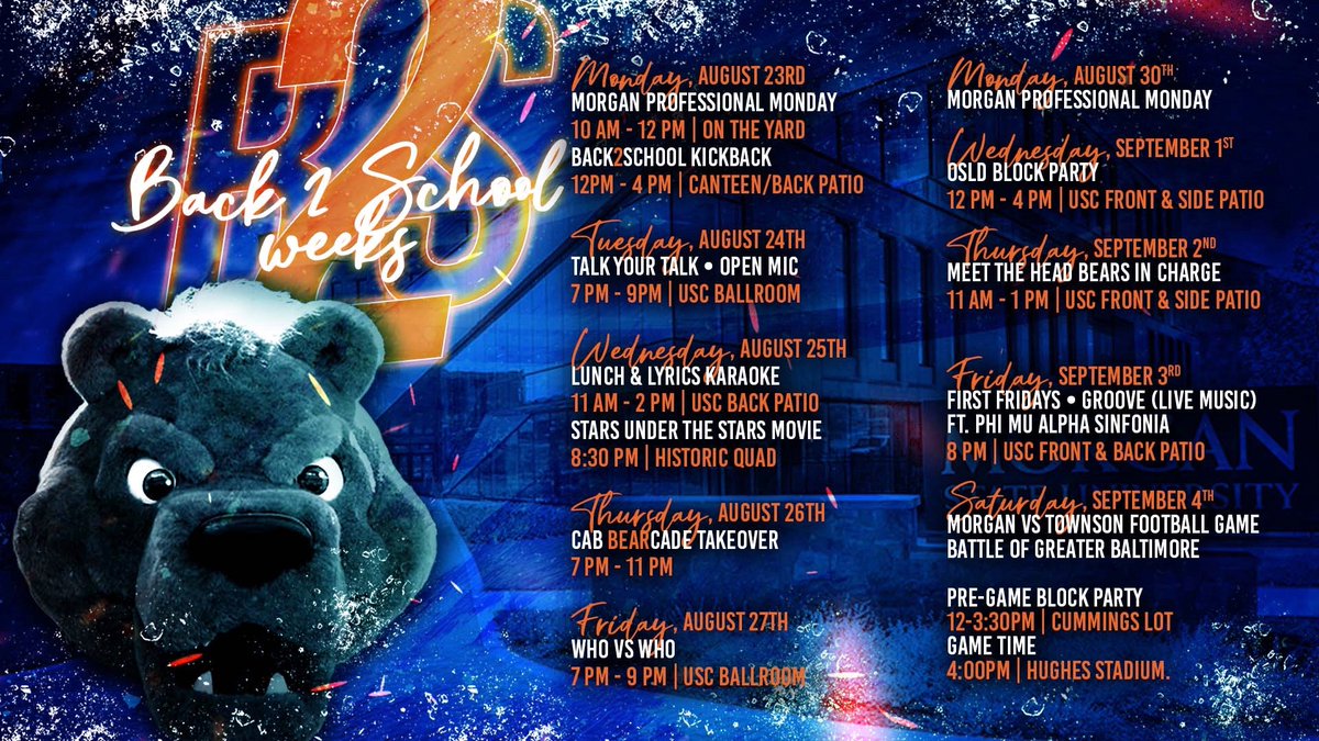 MSUOSL's tweet image. Welcome Back Bears!!! We missed you so much that we will be celebrating Back 2 School Weeks!! Yes that’s right two weeks of Morgan Magic!! Checkout our events and be sure to wear your mask 😷 #OSLD #WeAreMorganFamily #Reunite #Respect #Renew