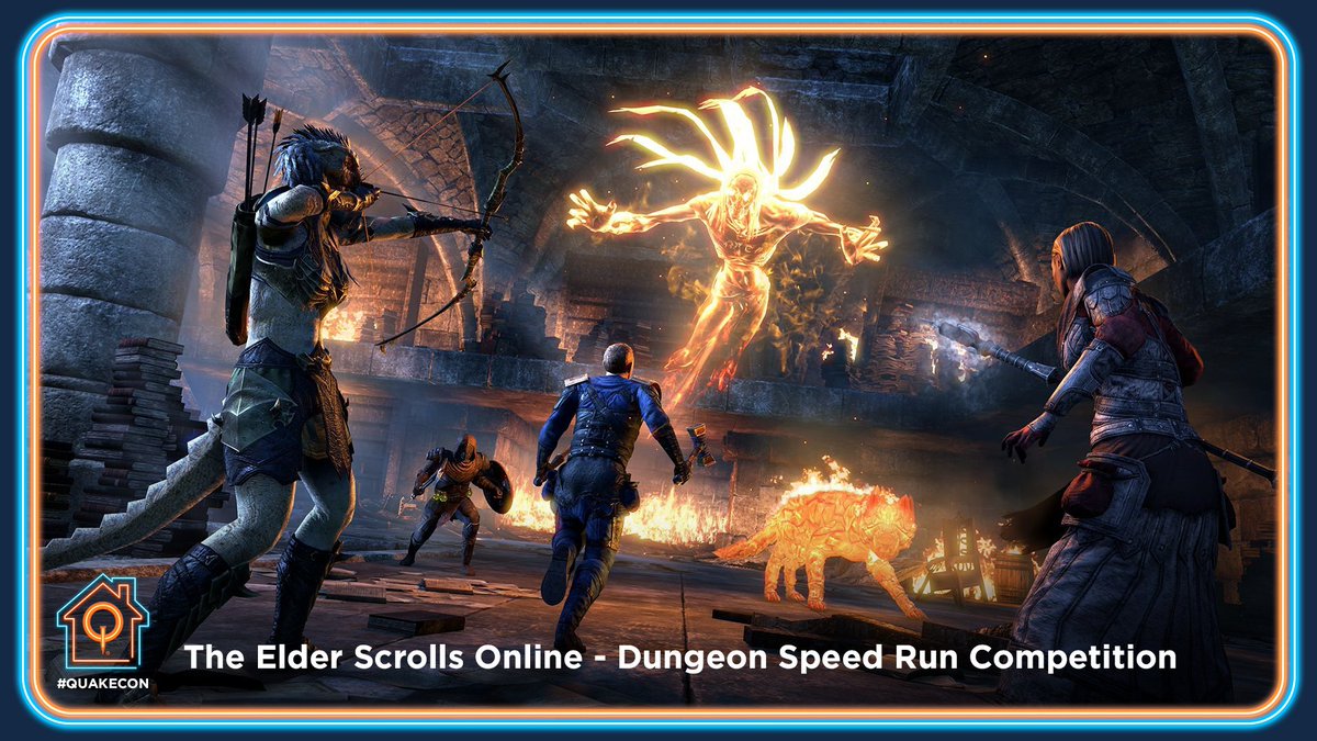 Image of a party in Elder Scrolls Online running through a dungeon. Text reads, "The Elder Scrolls Online - Dungeon Speed Run Competition." Image is framed by the neon QuakeCon border.