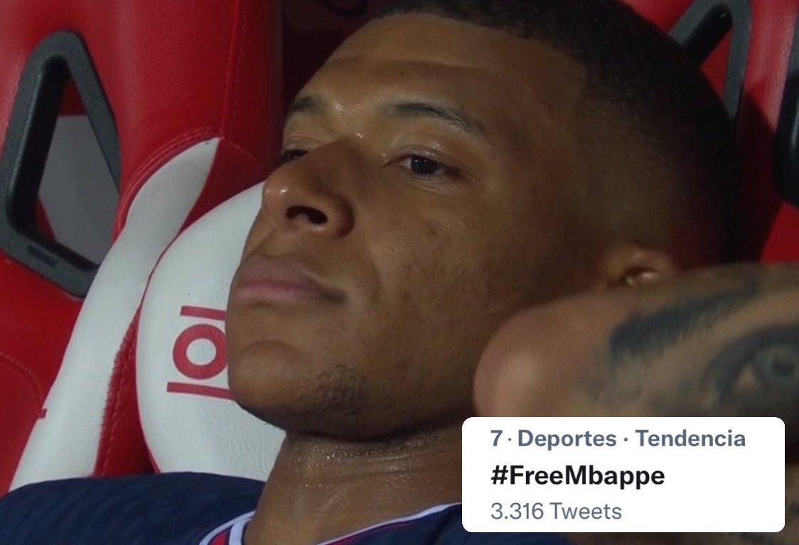 MadridUniversal's tweet photo. #FreeMbappe is trending in Spain after this photo of Mbappè popped out. @elchiringuitotv #rmlive 🇫🇷🚨 https://t.co/qiLR6TeH0i