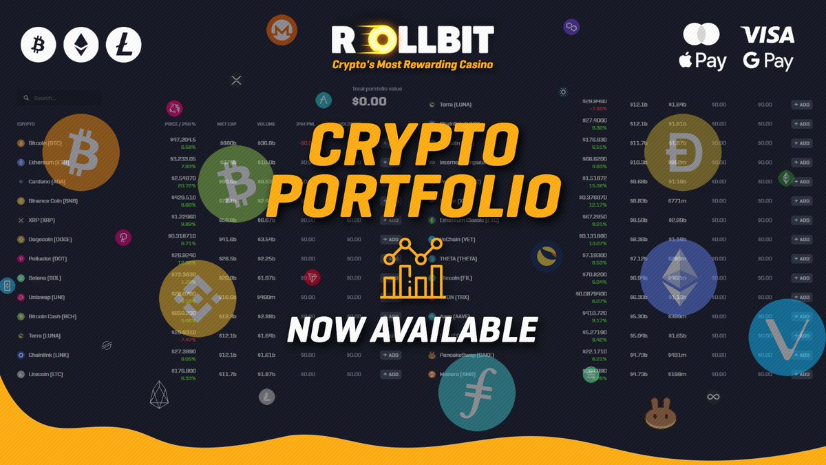 rollbit's tweet photo. 👀 You can now buy, HODL &amp; sell the top 25 cryptocurrencies by market cap! 

We're running a $1,000 giveaway💰 to celebrate the launch of our Crypto Portfolio feature

RT, Reply with 3 coins you'd like to see added + Tag your favourite crypto trader for a chance to win! https://t.co/v2CHEN2bIA